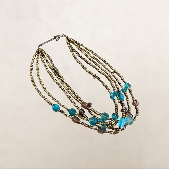 Beaded Bronze & Turquoise Matching Necklace and Earring Set - Picture 3 of 8